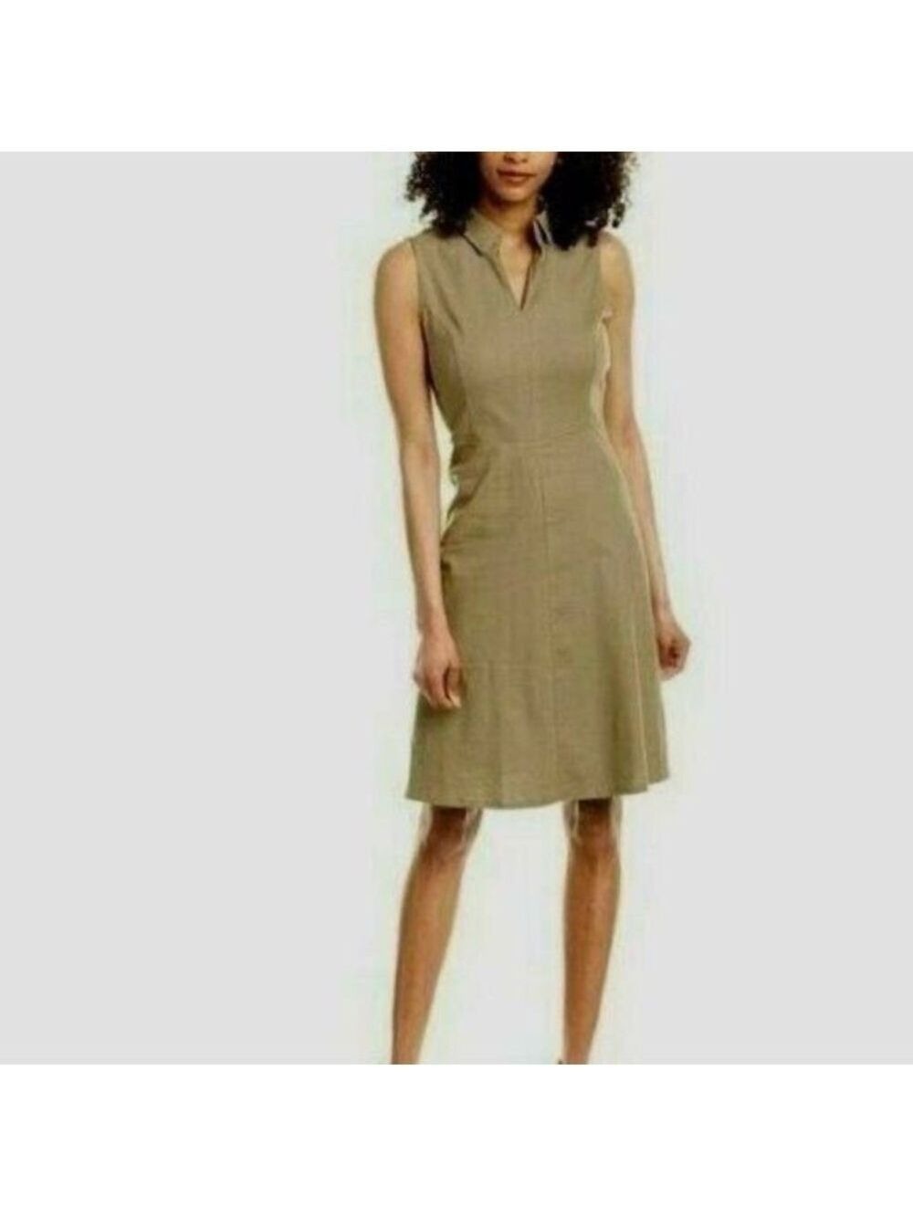 NWT T Tahari Linen Blend A-Line Collared Sleeveless Midi Dress Olive/Tan 14